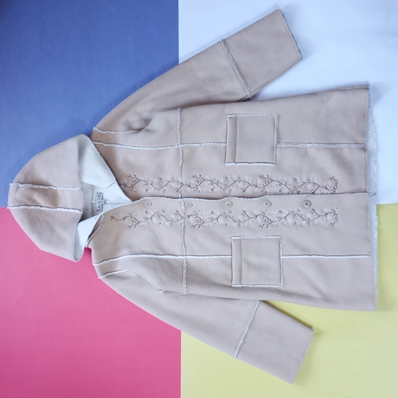 Liv a Little Floral Embroidered Sherpa Lined Button-Up Jacket With Hood